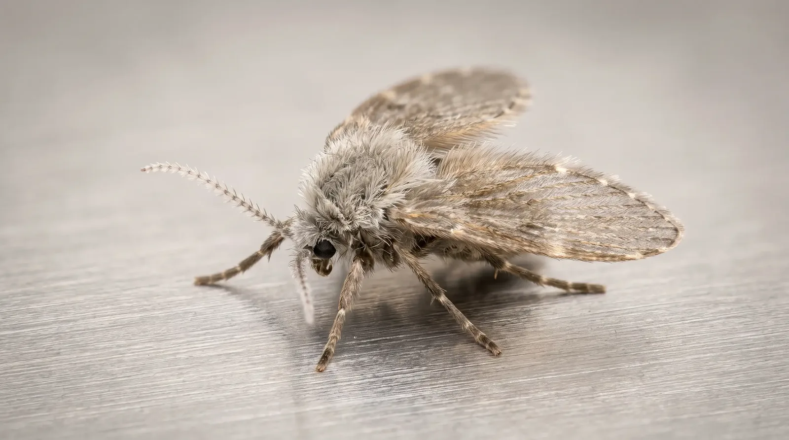 Adult drain fly showing the moth-like wings and fuzzy body