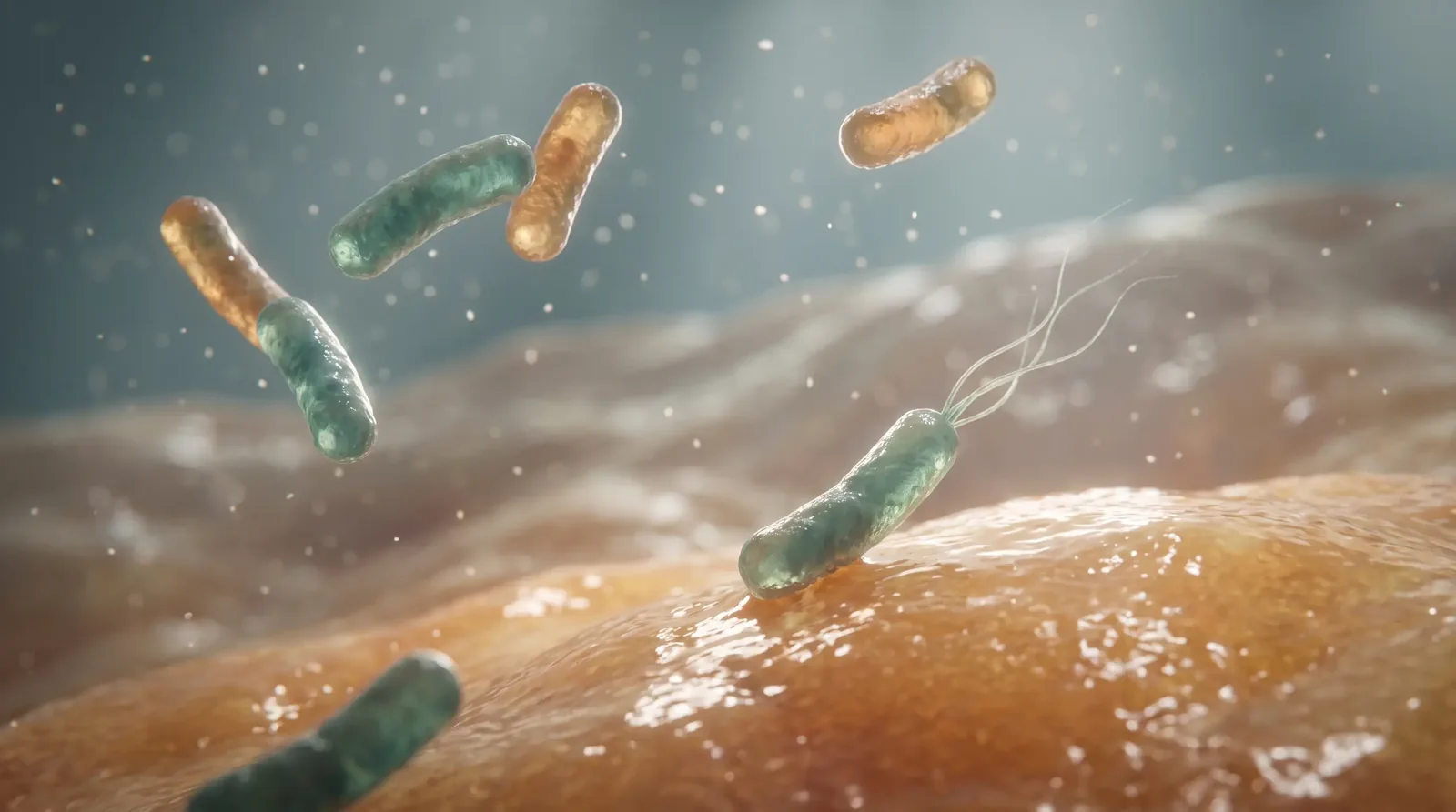 Scientific illustration of bacteria settling on a wet surface