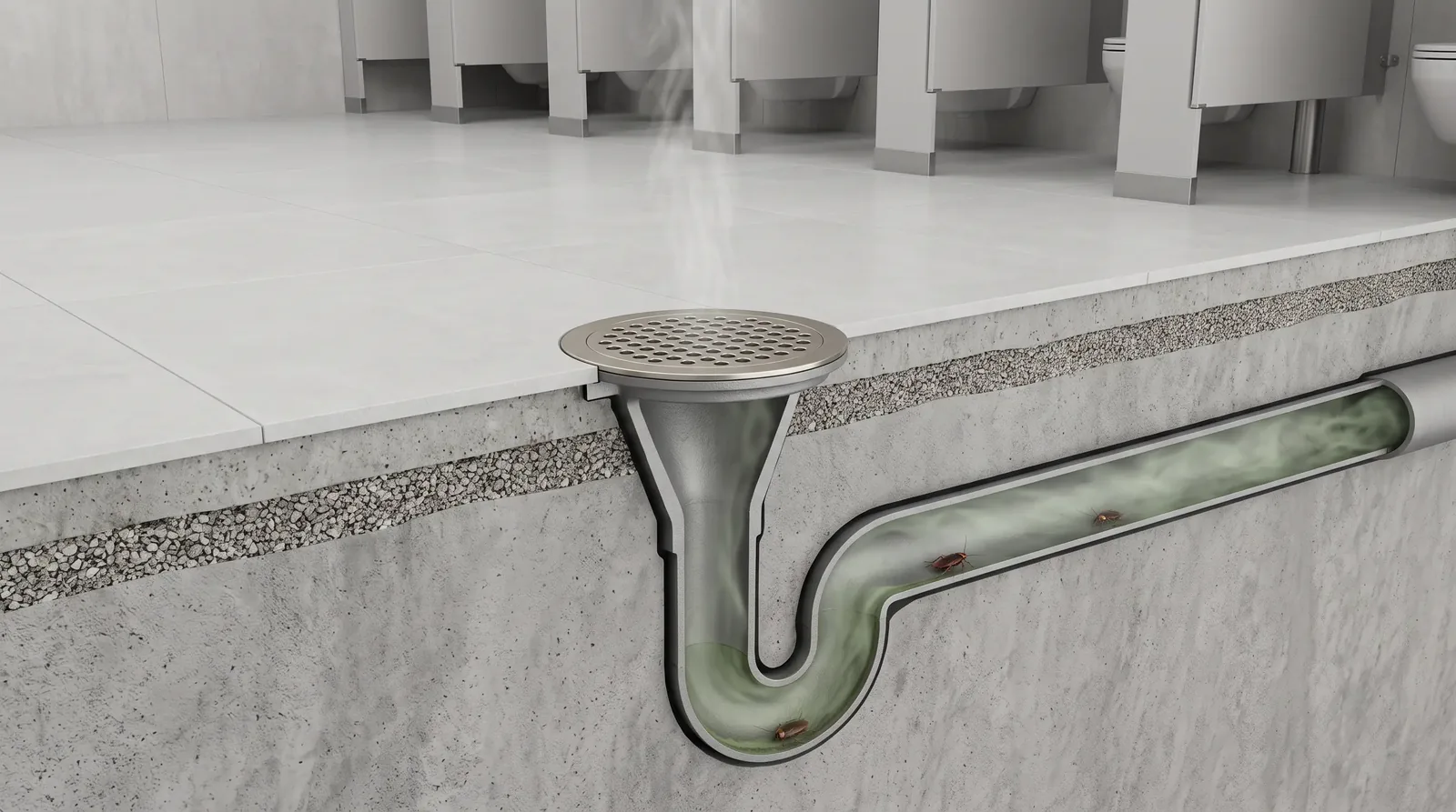 Cutaway illustration of a dry restroom floor drain in a closed building