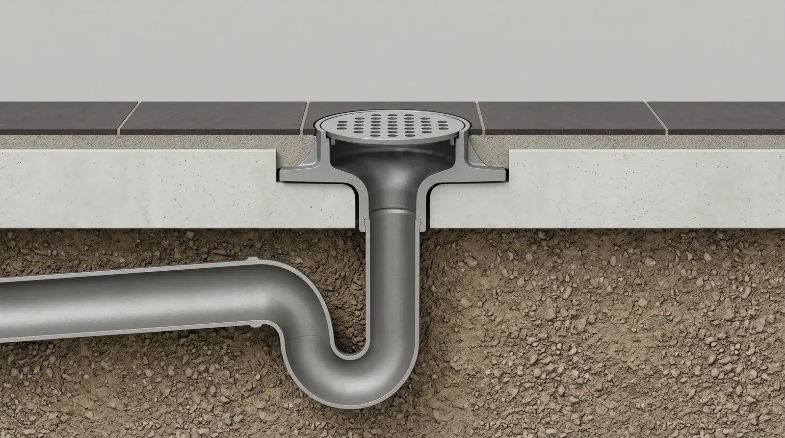 Cross-section of an empty floor drain body with no water in the trap