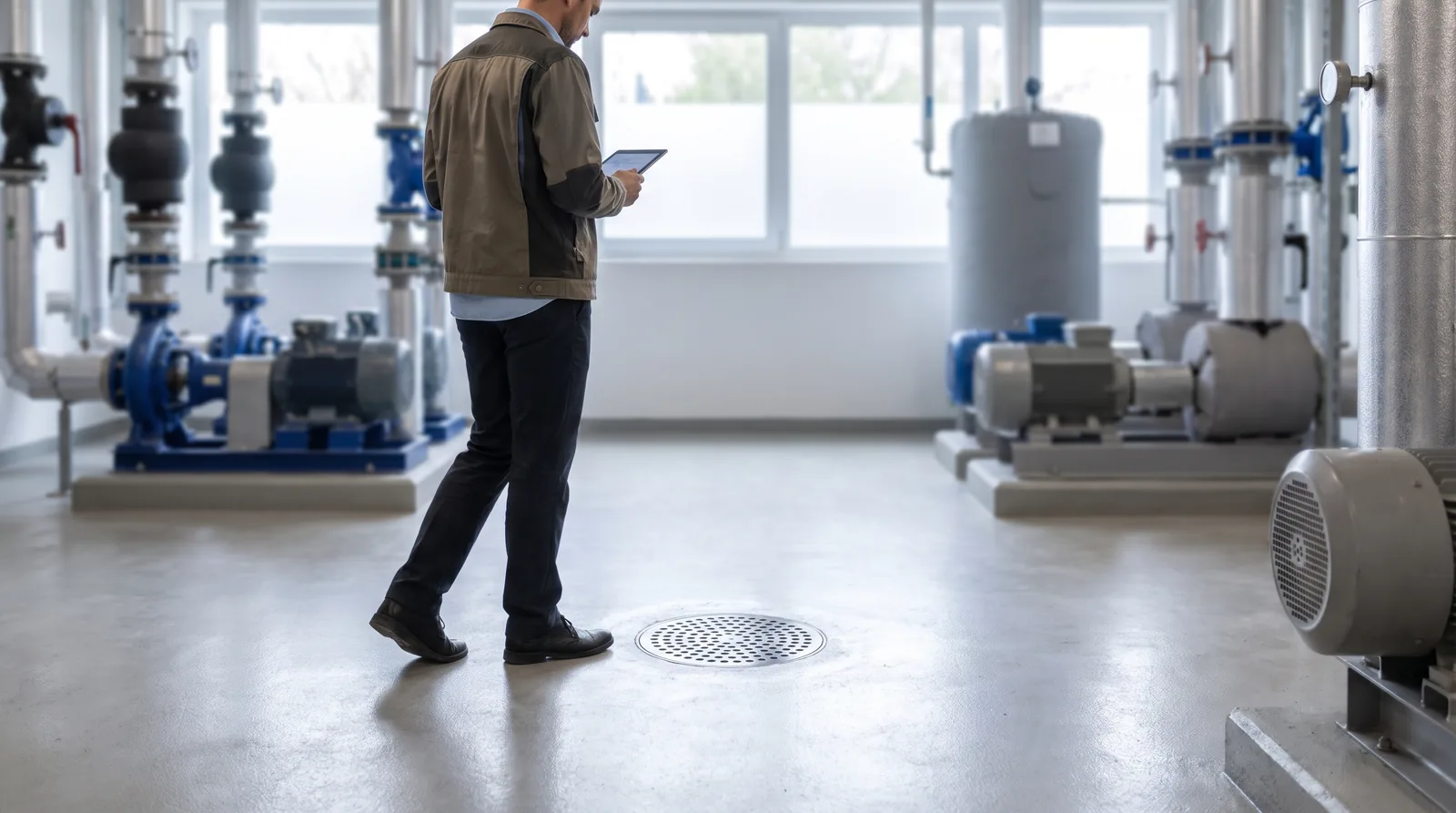 Facility manager with a tablet inspecting a plant room floor drain