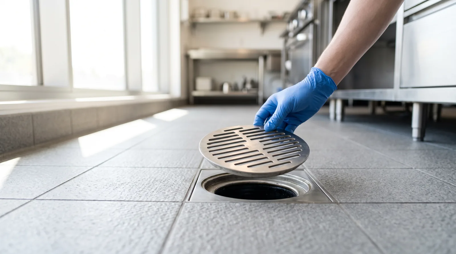 Gloved hand lifting the grate off a commercial floor drain