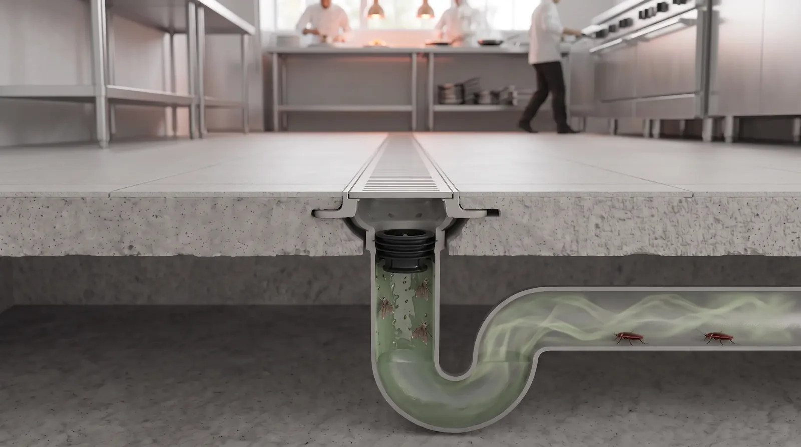 Cutaway of a kitchen floor drain with a Green Drain valve sealing the opening and drain flies contained below