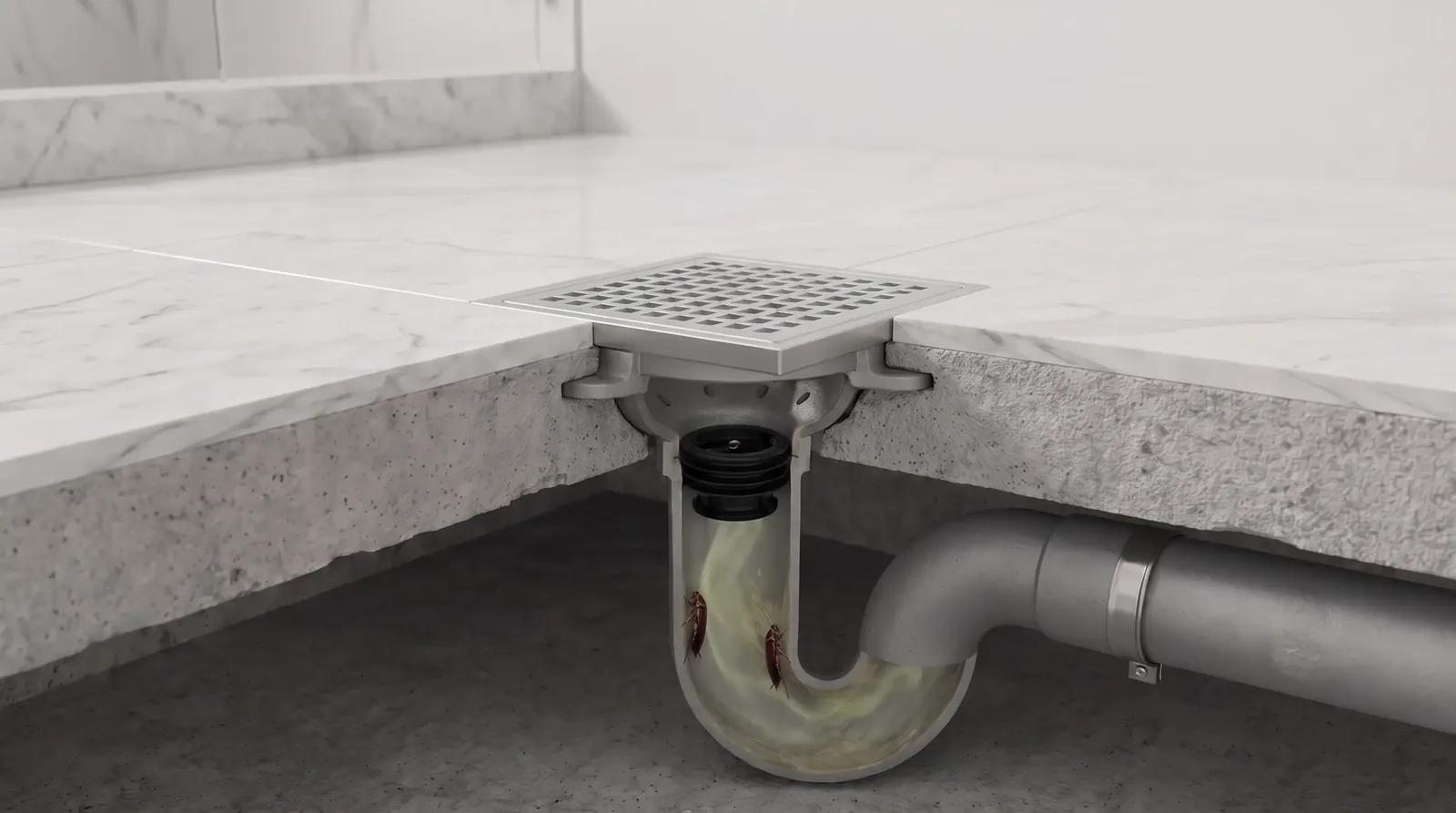 Cutaway of a Green Drain seated in a floor drain, blocking gas and pests below the valve