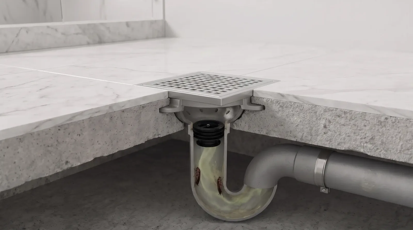 Cutaway showing a Green Drain valve sealing a floor drain with pests stopped below