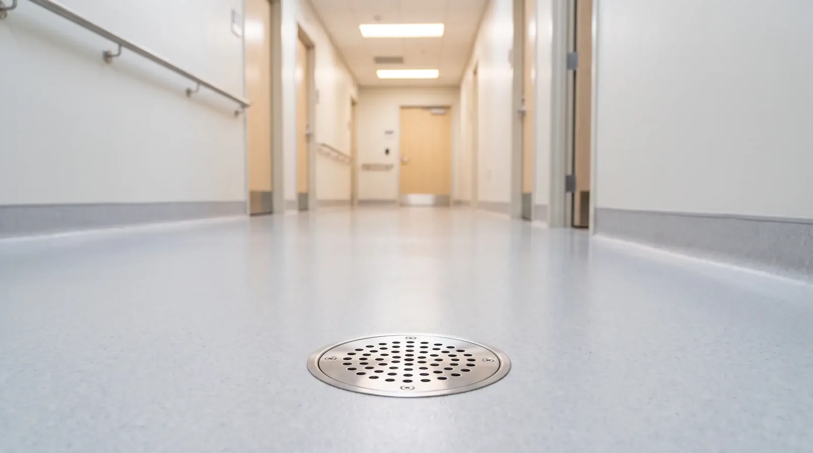 Floor drain in a healthcare corridor