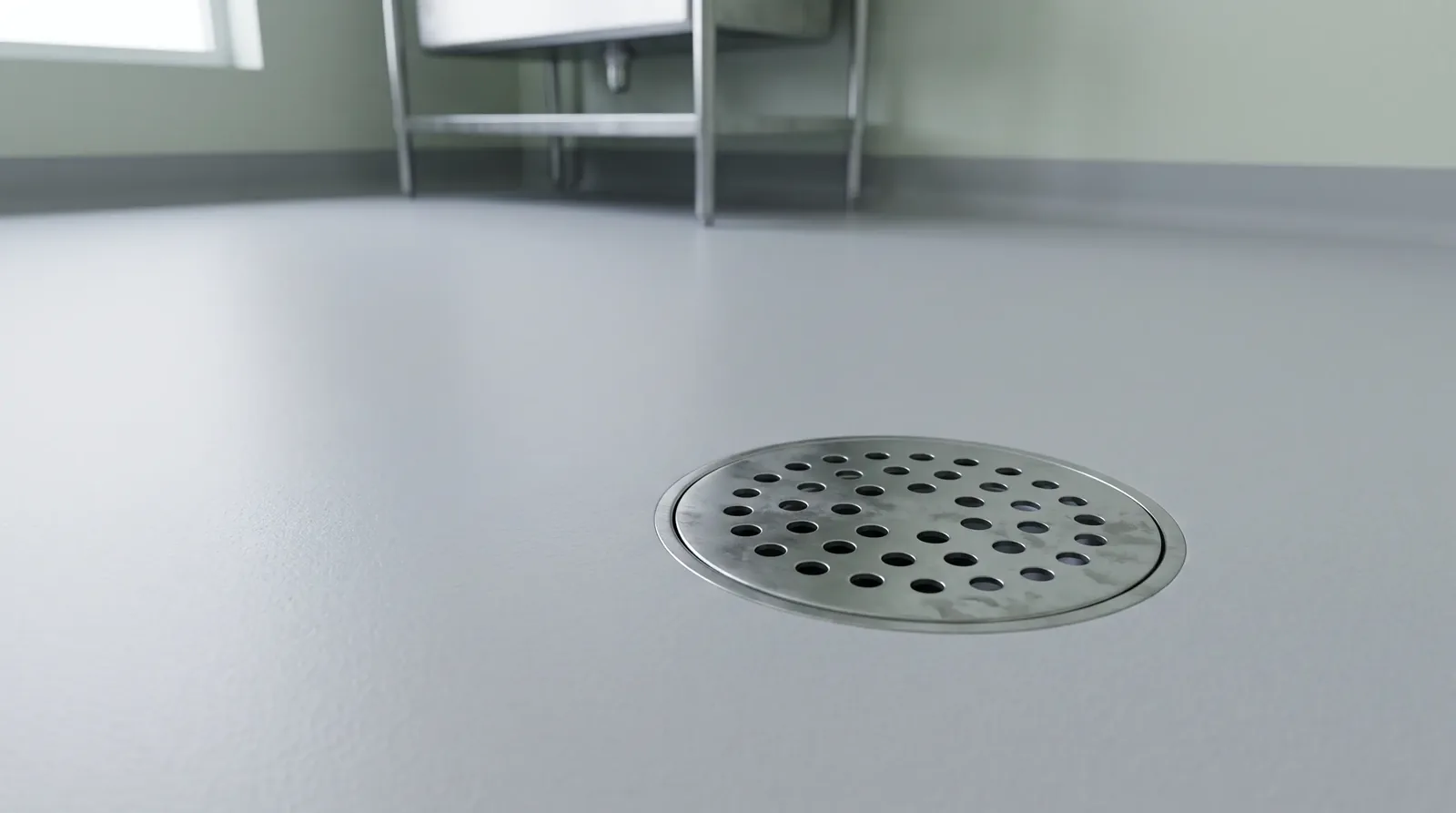 Round floor drain in a hospital soiled utility room