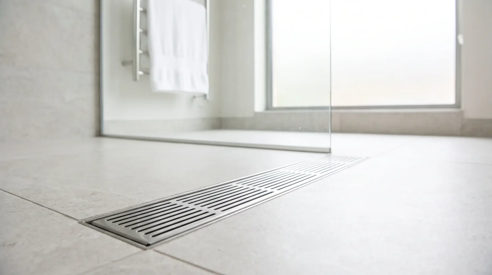 Linear shower drain in a hotel bathroom wet room