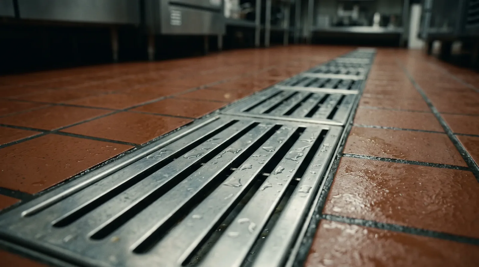 Trench drain grate in a working commercial kitchen