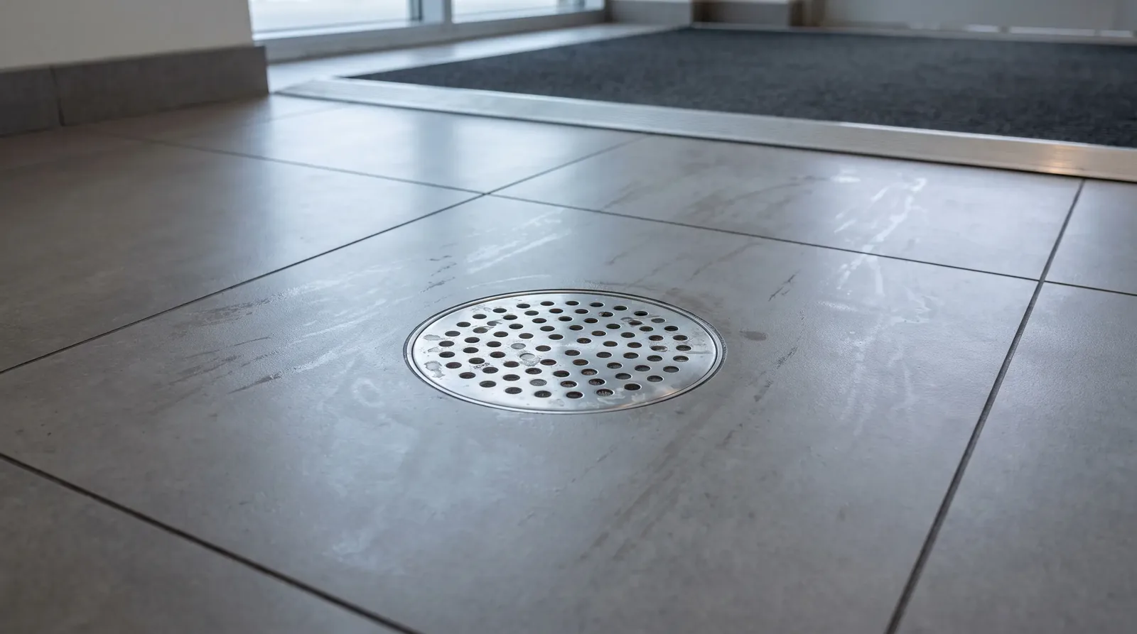 Floor drain at the entrance of an office building lobby