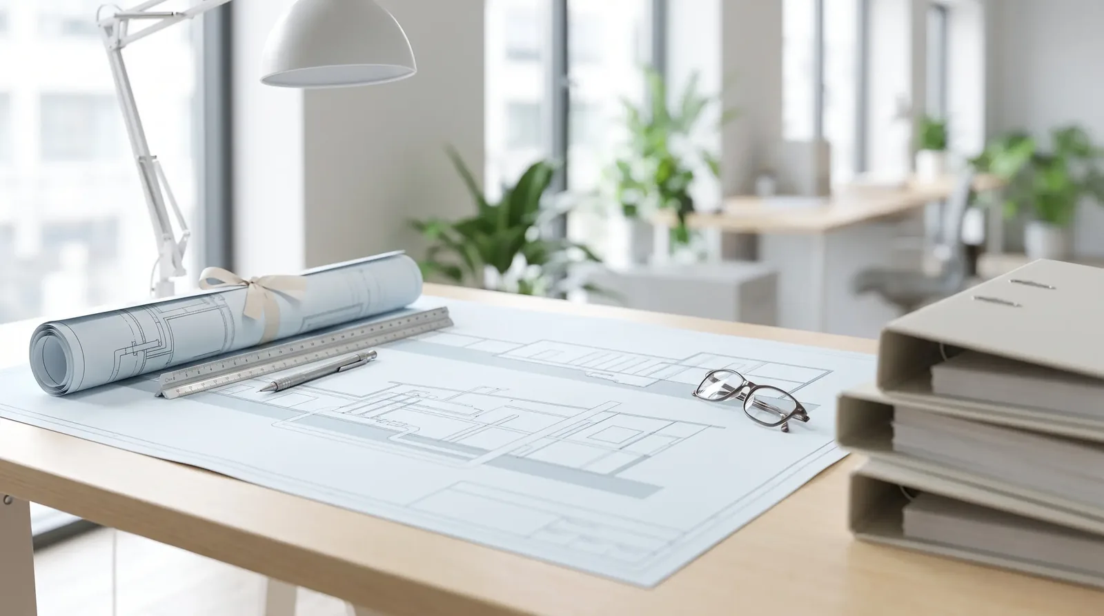 Building code drawings and reference binders on a drafting desk
