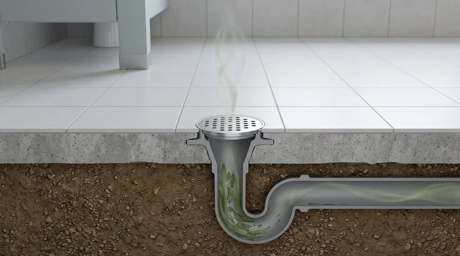 Cutaway illustration of a dry floor drain releasing odor in a school restroom