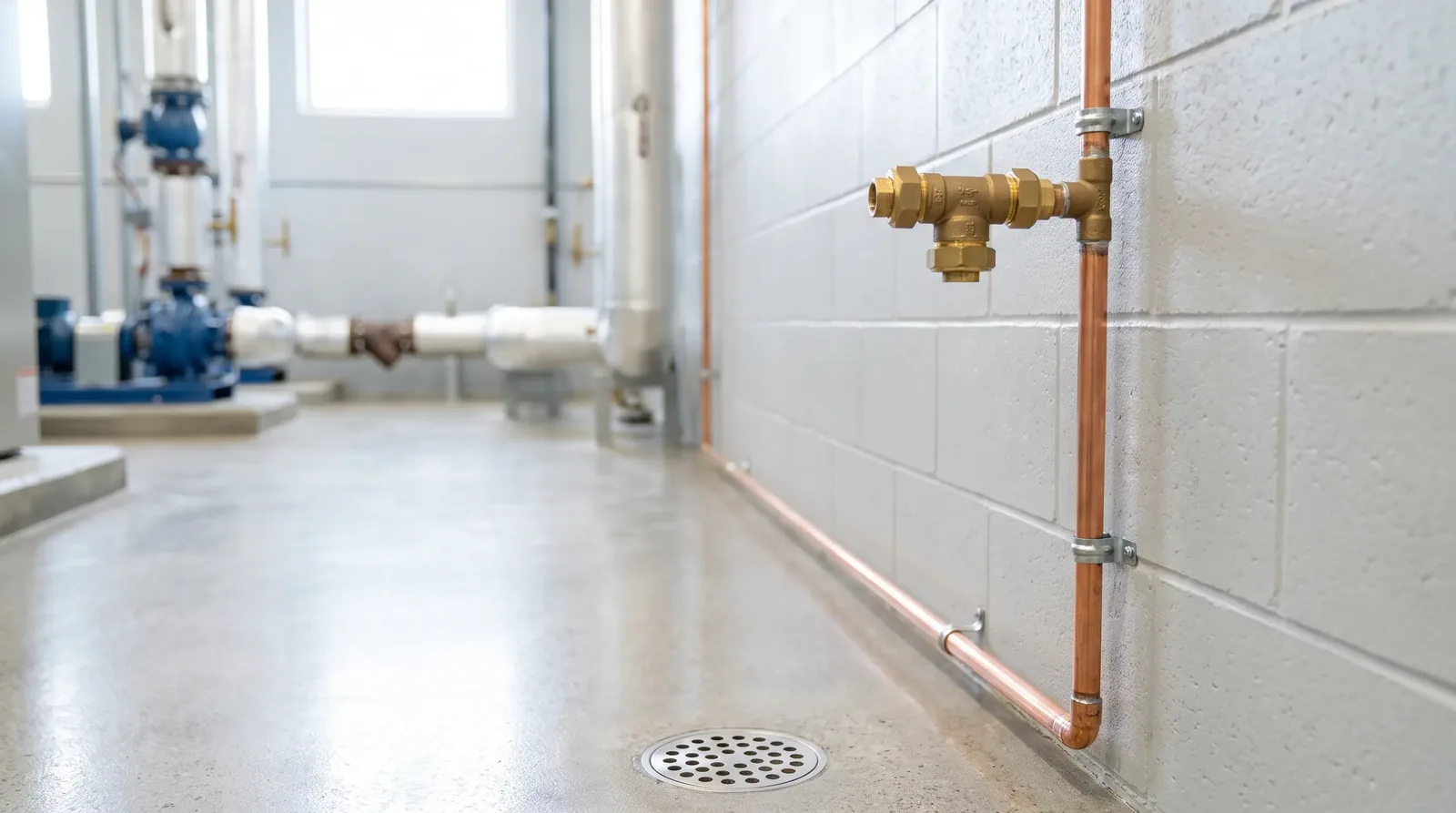 Trap primer valve on a copper supply line feeding a floor drain