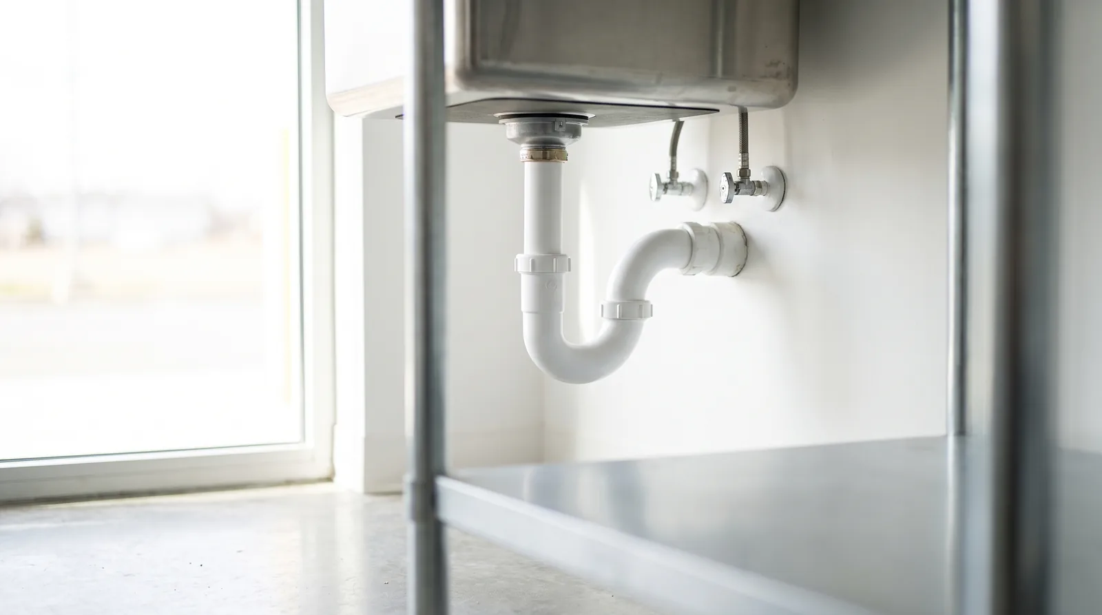 P-trap under a stainless utility sink