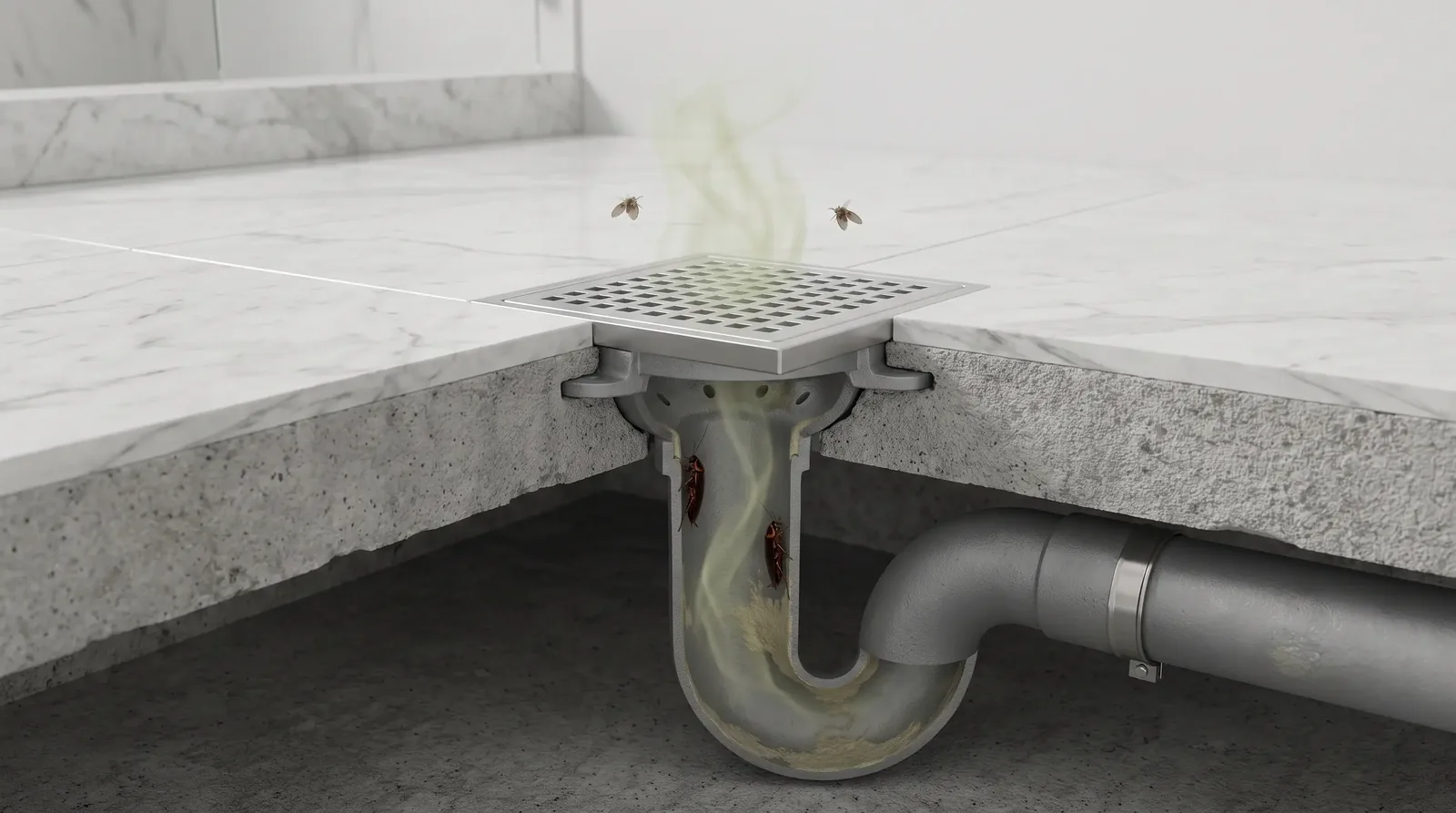 Cutaway of a floor drain with a dry P-trap letting sewer gas, drain flies, and cockroaches through into the room above