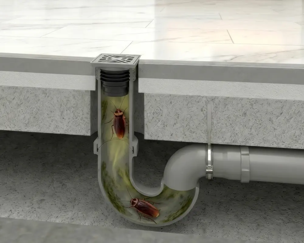 Green Drain cross-section diagram showing one-way valve open during flow and closed to block sewer gas and pests