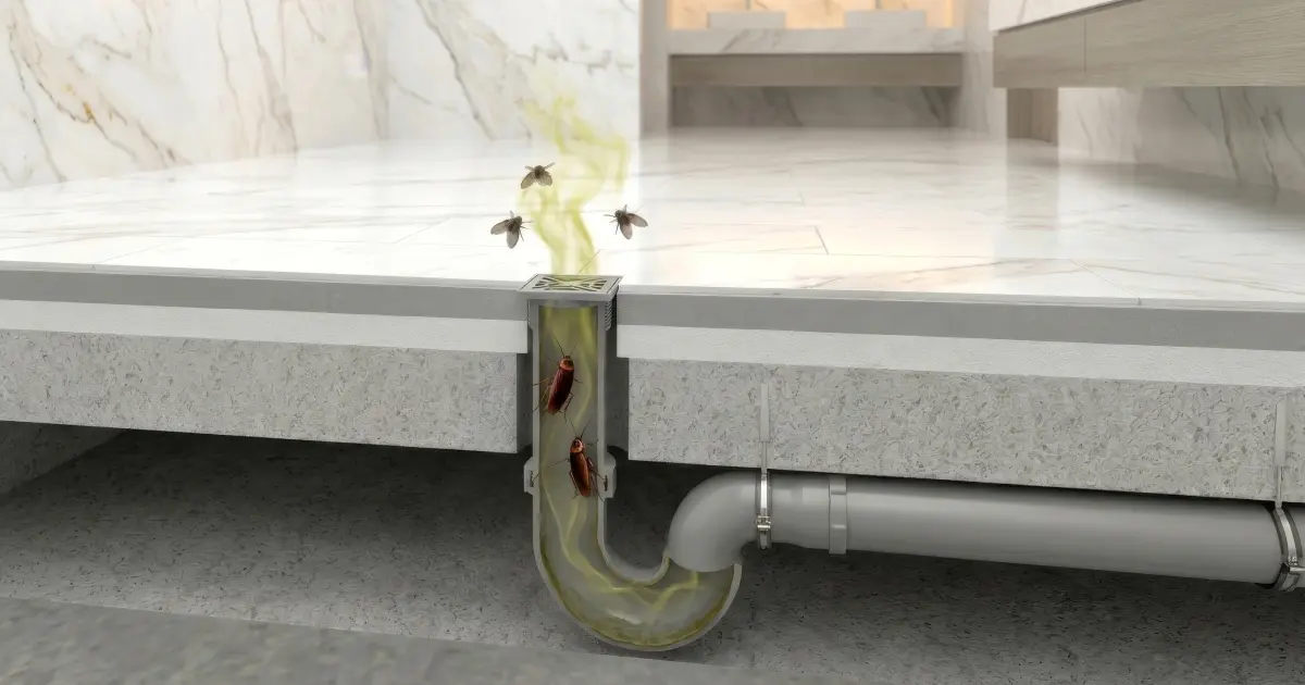 Cross-section diagram of a P-trap showing how the water seal blocks sewer gas from entering a building